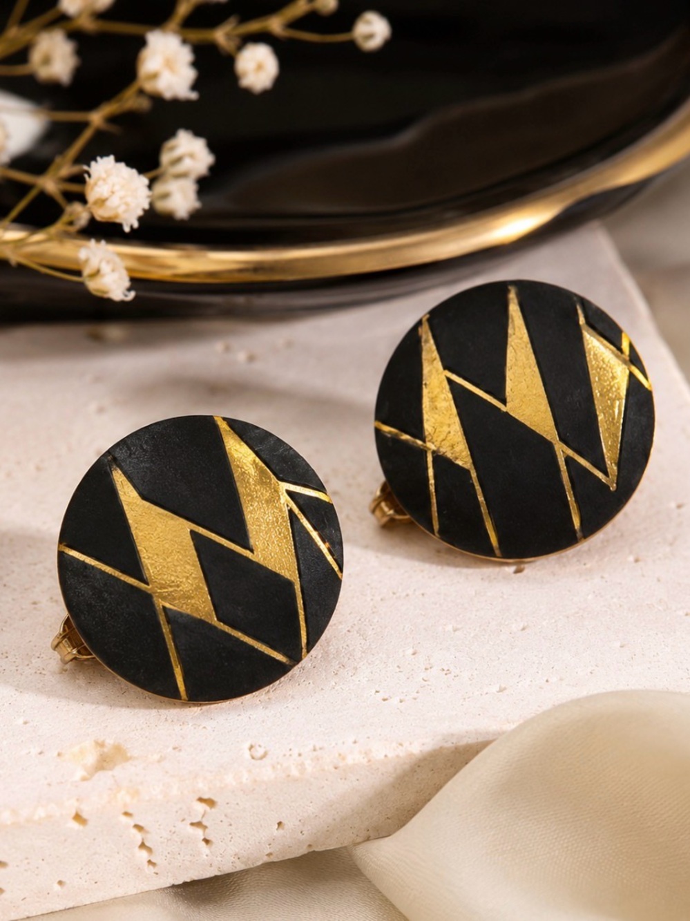 Vintage Higo Zogan Mitsusuke Japanese Damascene Clip Earrings